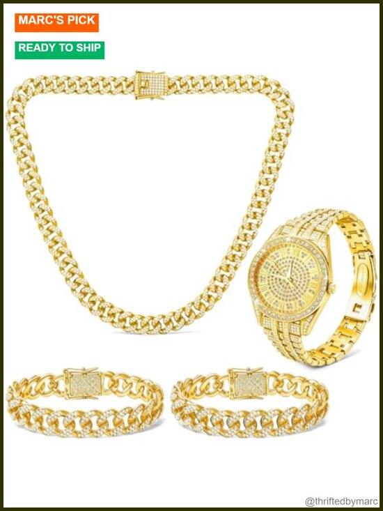 Other - Men's 4pc Cuban Link Jewelry Set with Diamond Watch & Bracelets Stainless Steel